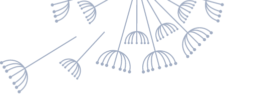 Jednoduchá čiarová kresba semien púpavy vejúcej vo vetre so zakrivenými čiarami a malými bodkami na koncoch, ktoré predstavujú semená na svetlom pozadí.