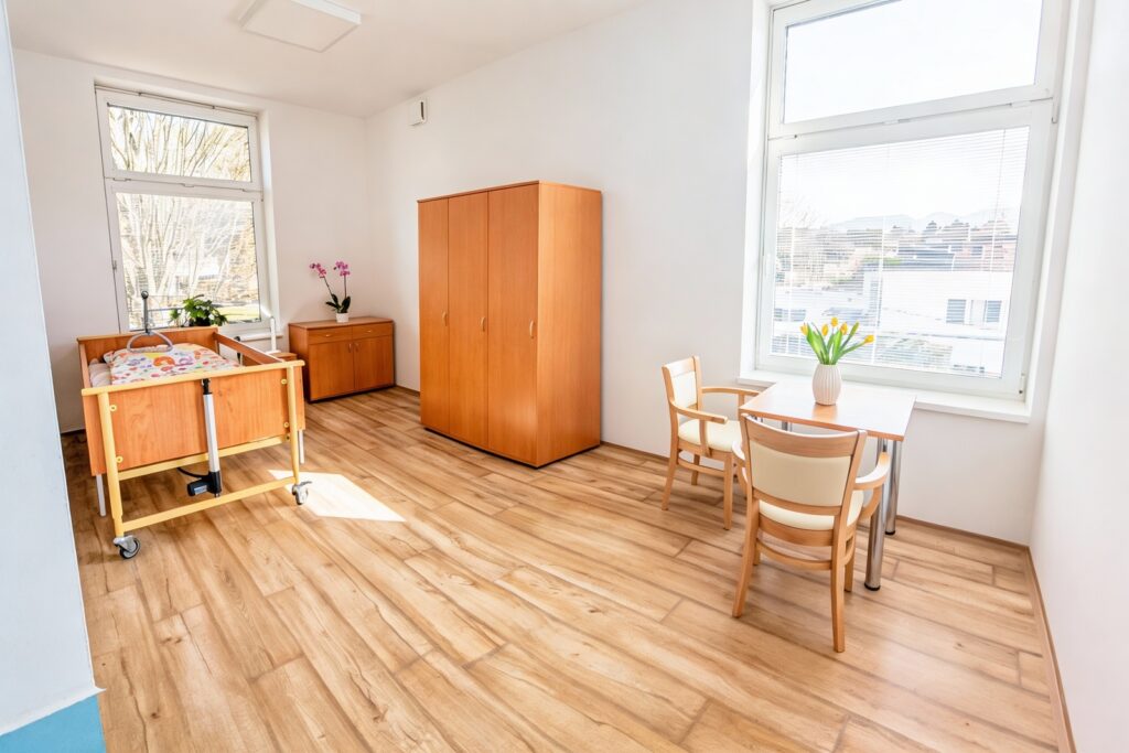 Izba v domove dôchodcov s posteľou, skriňou a sedením